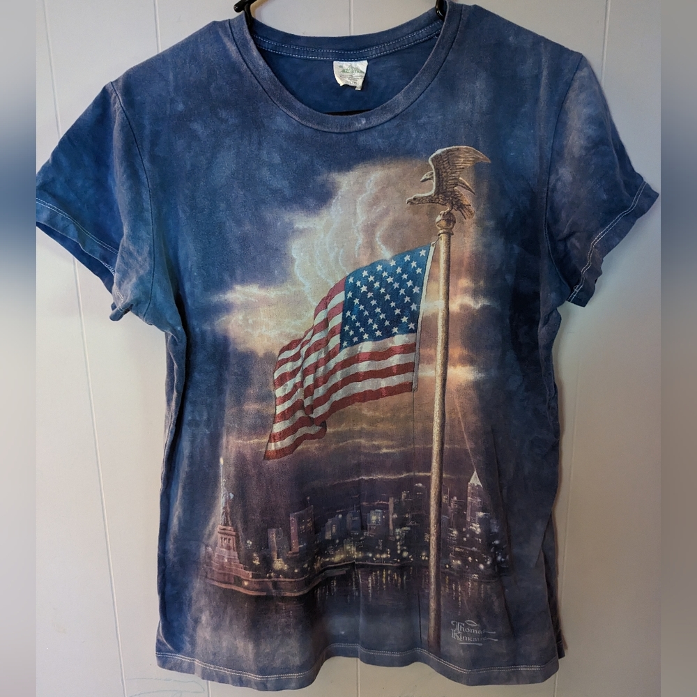 The Mountain- Thomas Kincade Tie Dye American Flag Tee Shirt Size L Blue